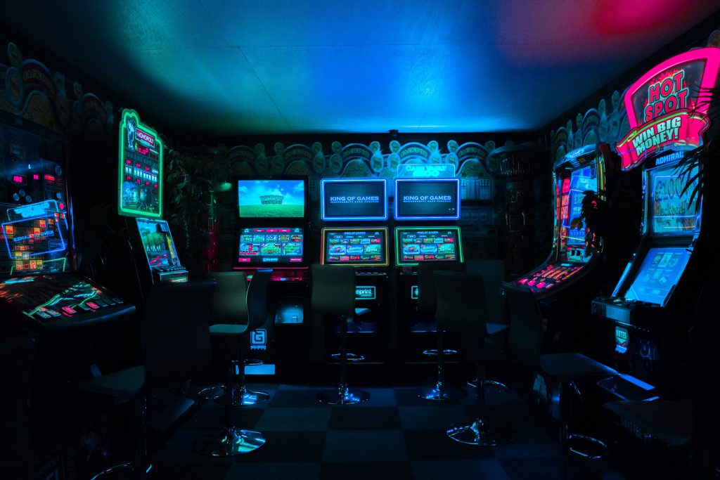 dimly lit arcade room