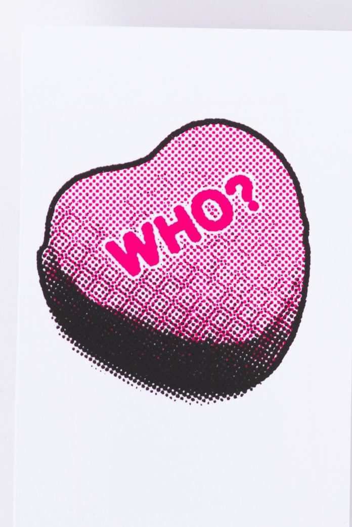 a pop-art style love heart with "who?" written in the centre.