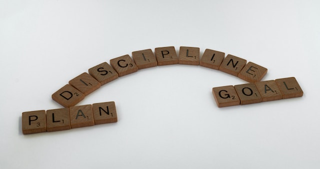 a bridge of letters saying "discipline" connecting the two islands "plan" and "goal" below it.